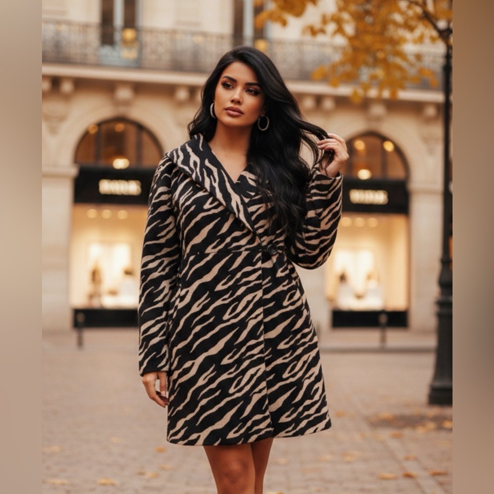 Grace Animal Print Coat w/ Peplam Waist, Tan/Black